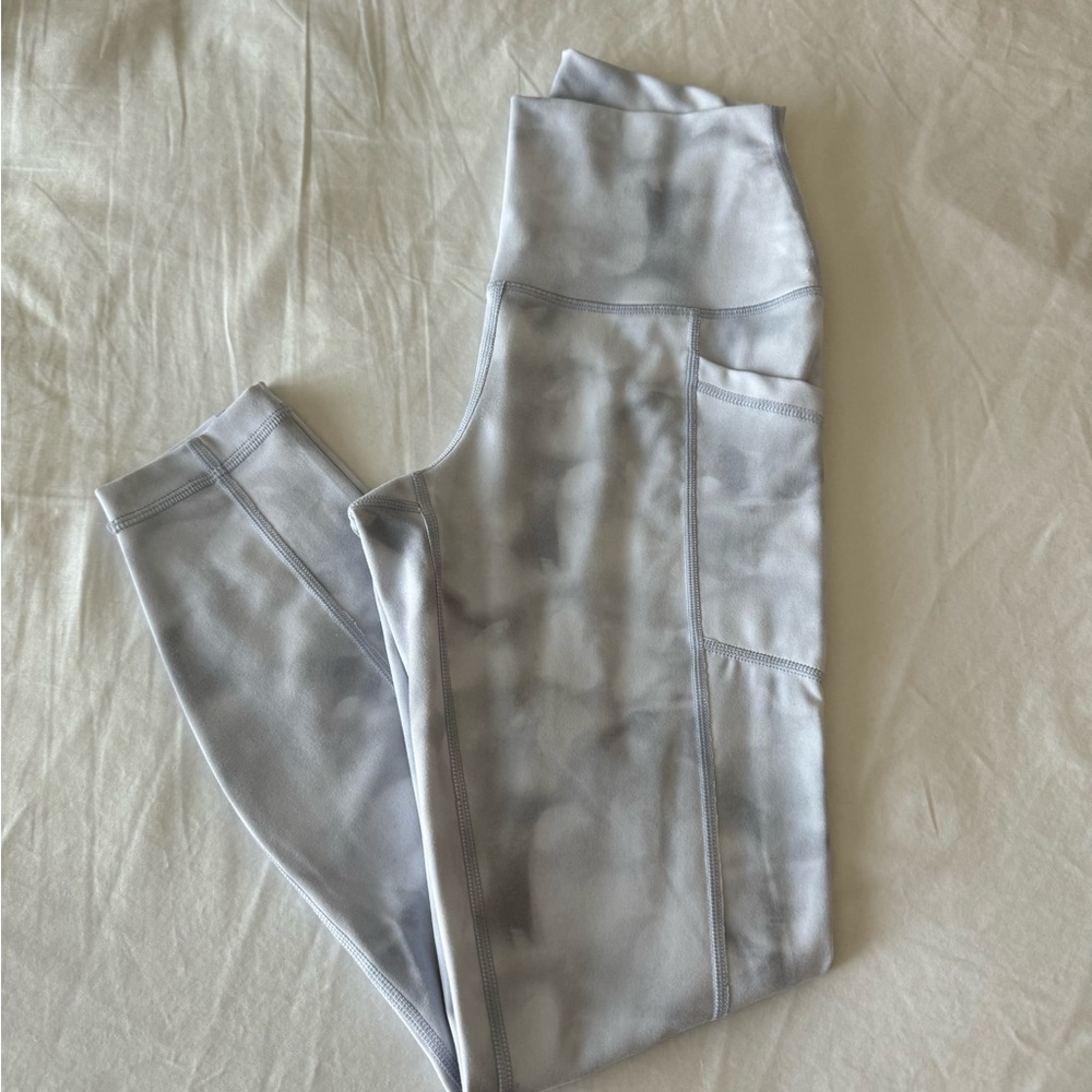 Grey And White Ankle Length Leggings With Pockets
